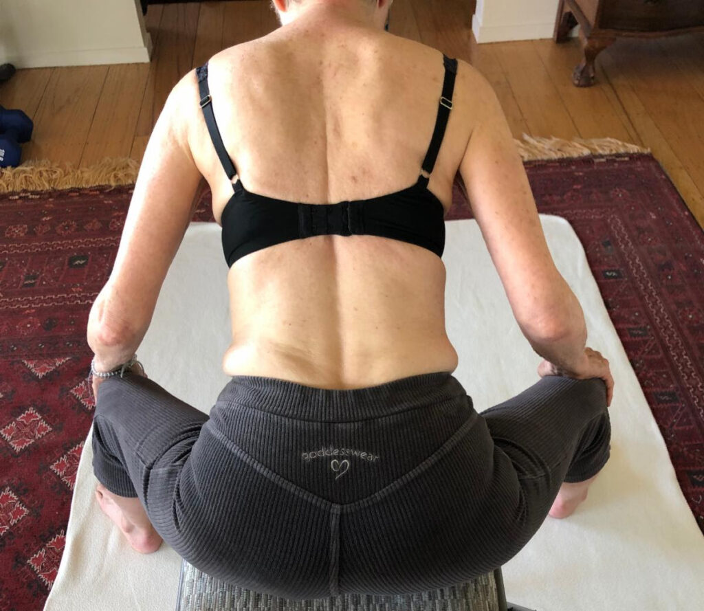 Jean demonstrates Yoga: Wide-Angle Seated Forward Bend, Upavistha Konasana