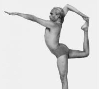 Iyengar does the pose Warrior 1