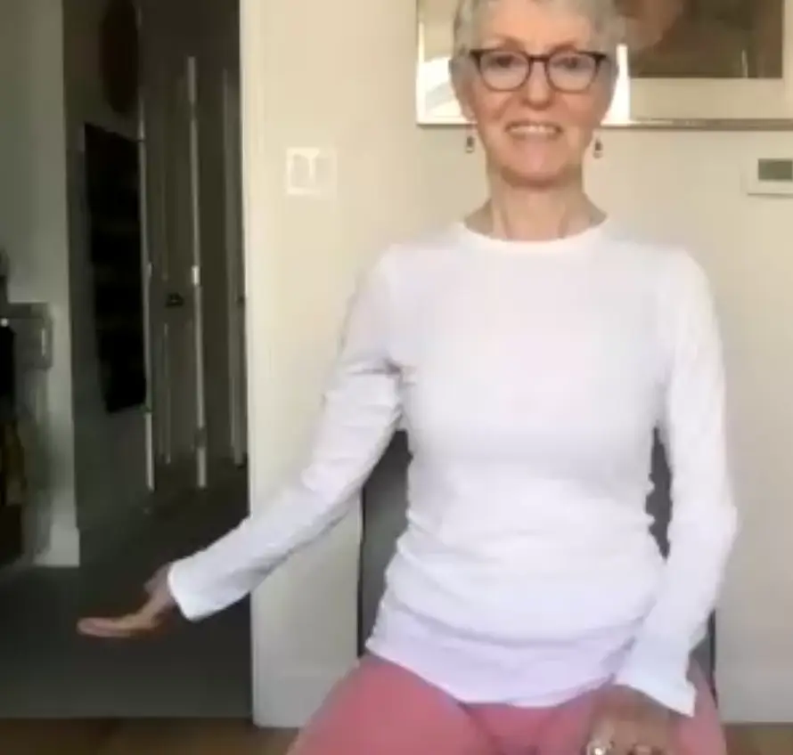 Jean in balance with her shoulders and chest